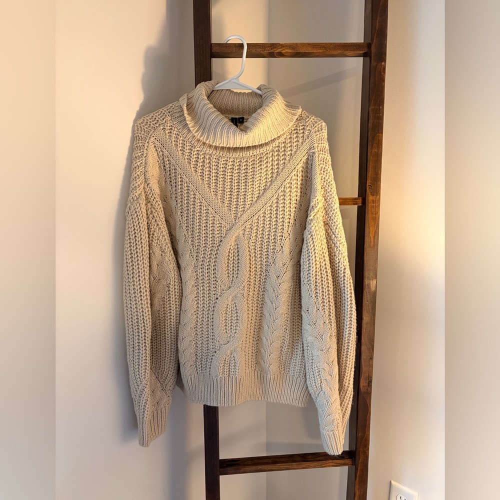 Cozy Cable Knit Turtleneck Sweater - tan